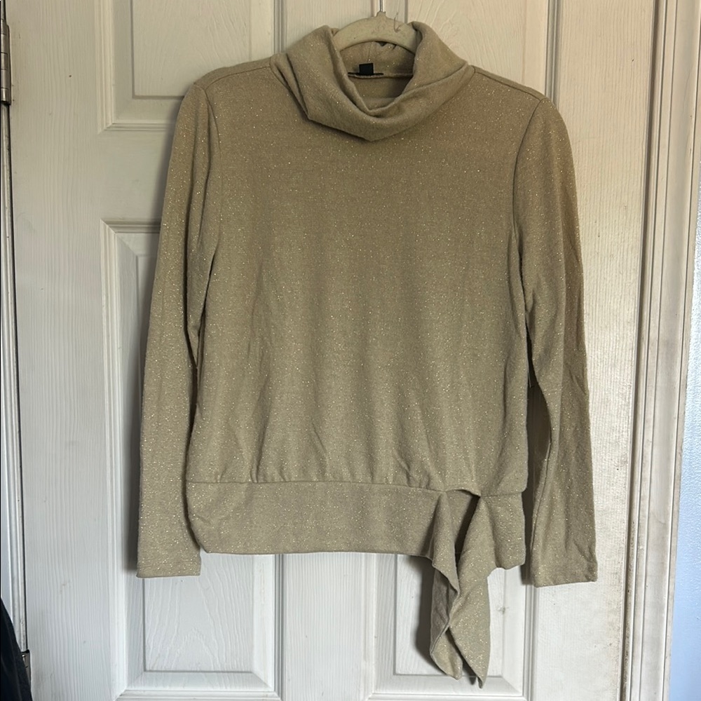 NWOT Ann Taylor Factory gold threaded long sleeve tie front turtleneck top